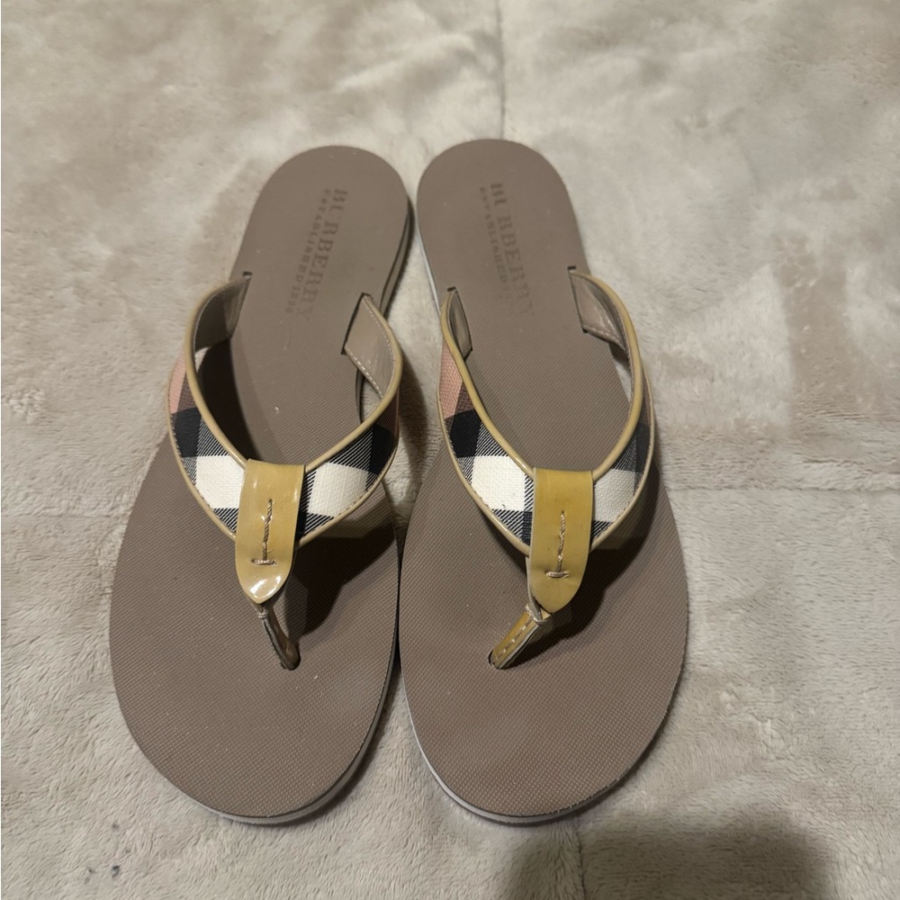 Burberry Beige Check and Tan Flip Flop Sandals